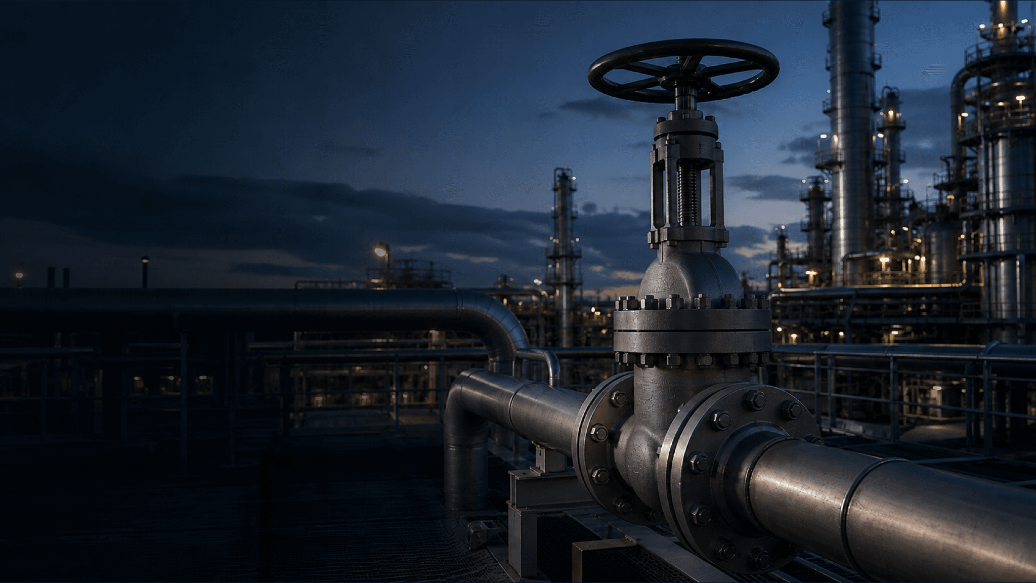 Industrial valve and piping installation at an energy facility
